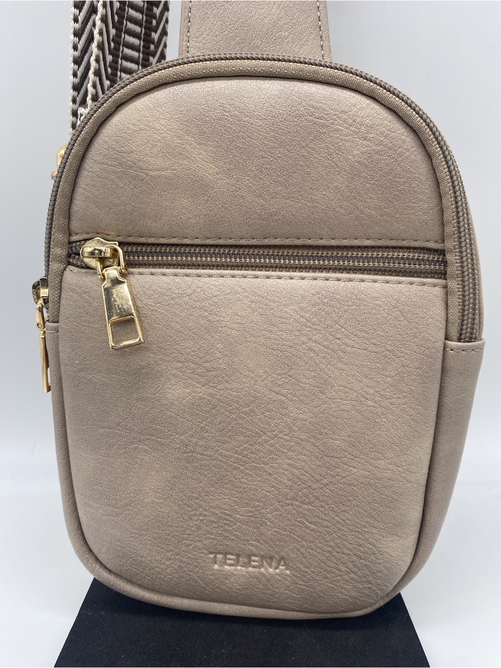 Tebena Taupe Crossbody Bag with Gold Accents vegan leather
